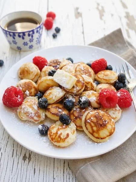 Holländische Poffertjes mit Butter, Puderzucker und Beeren nach original Poffertjes Rezept aus der Poffertjes-Pfanne