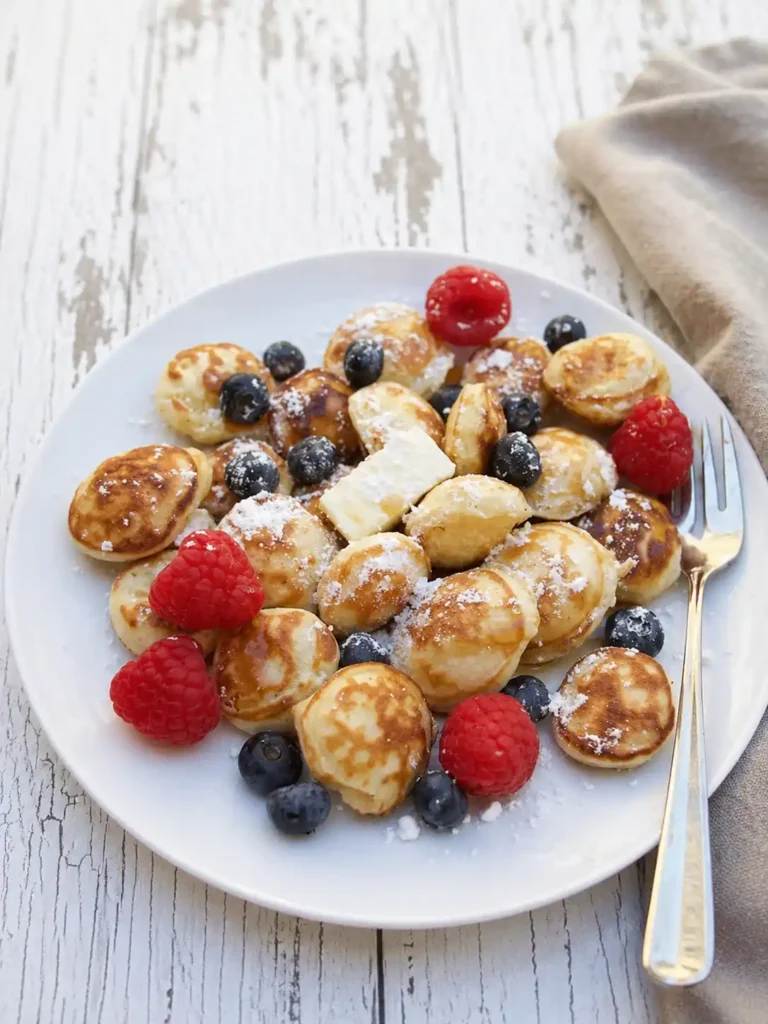 Holländische Poffertjes mit Puderzucker, Butter und Beeren nach original Poffertjes Rezept auf dem Teller serviert