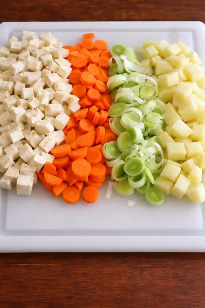 Zutaten für erbsensuppe rezept wie oma – geschnittene Kartoffeln, Möhren, Lauch und Sellerie auf einem Brett