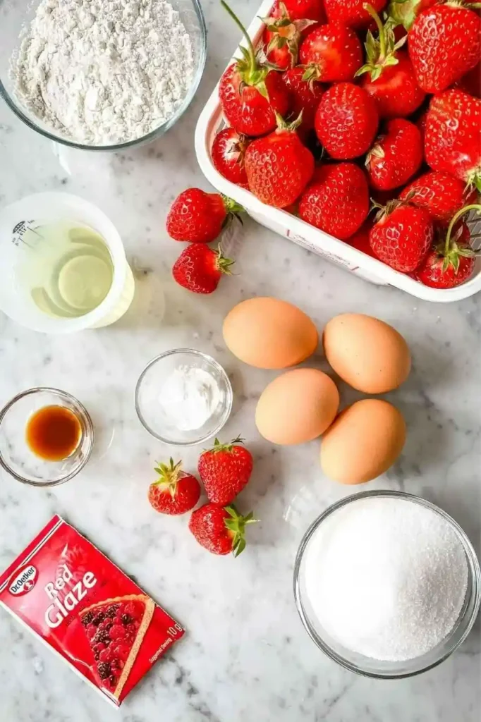 Zutaten für Erdbeerboden Rezept mit frischen Erdbeeren, Eiern, Mehl, Zucker und Tortenguss für Tortenboden mit Erdbeeren
