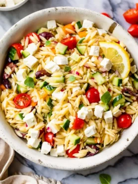 Griechischer Kritharaki Salat mit Feta und Dressing, frischer Reisnudelsalat mit Gurke, Tomaten und Oliven