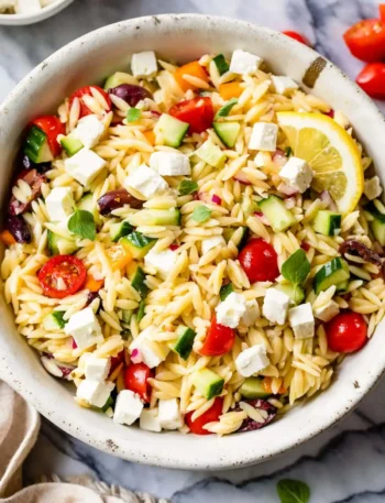 Griechischer Kritharaki Salat mit Feta und Dressing, frischer Reisnudelsalat mit Gurke, Tomaten und Oliven