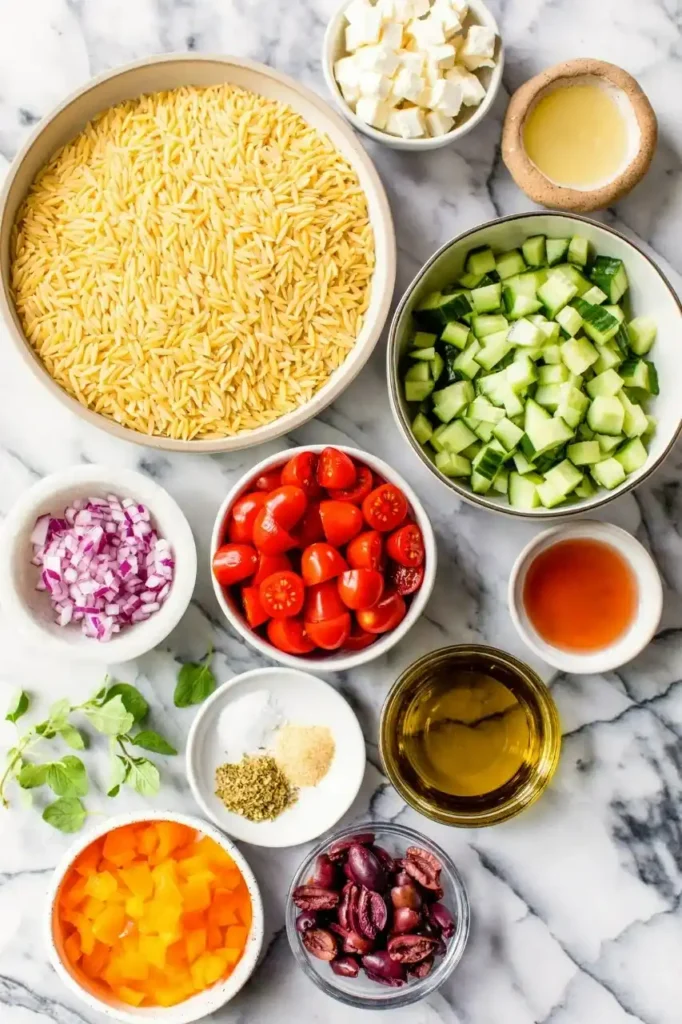 Zutaten für Kritharaki Salat mit Feta und Dressing, griechischer Reisnudelsalat mit Gurke, Tomaten, Oliven und Paprika