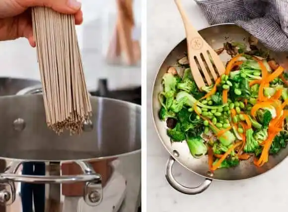 Pak Choi Pfanne mit Gemüse und Nudeln Zubereitung, Nudeln kochen und Gemüse in der Pfanne anbraten