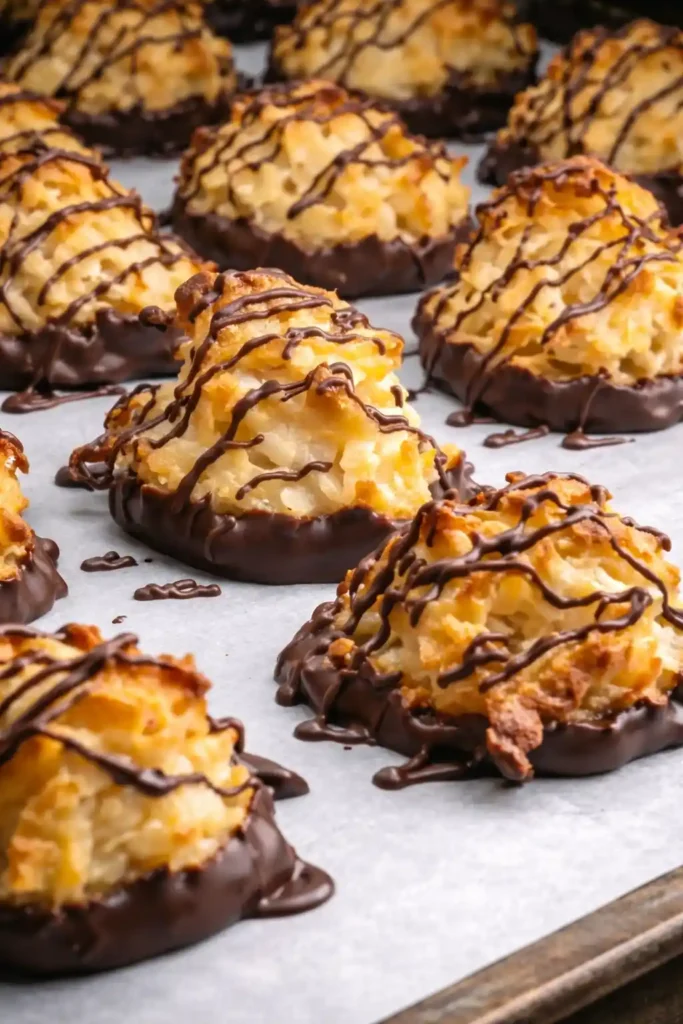 Kokosmakronen mit Schokolade nach Omas Rezept auf Backpapier – saftige kokosmakronen mit oblaten und schokoladenüberzug