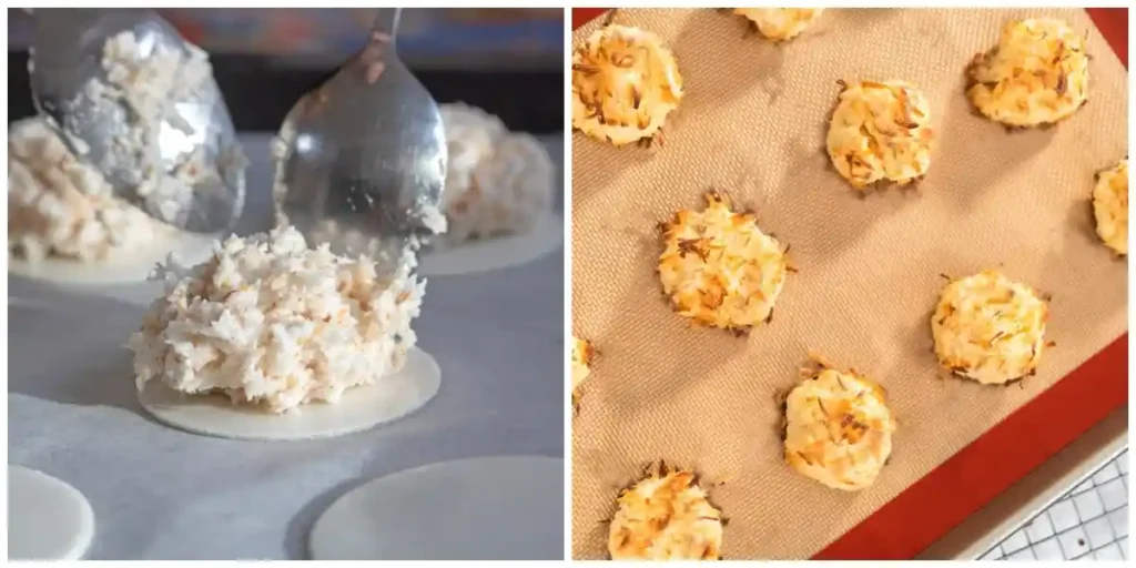 Kokosmakronen teig auf oblaten portionieren und gebackene kokosmakronen auf blech – kokosmakronen rezept einfach und saftig
