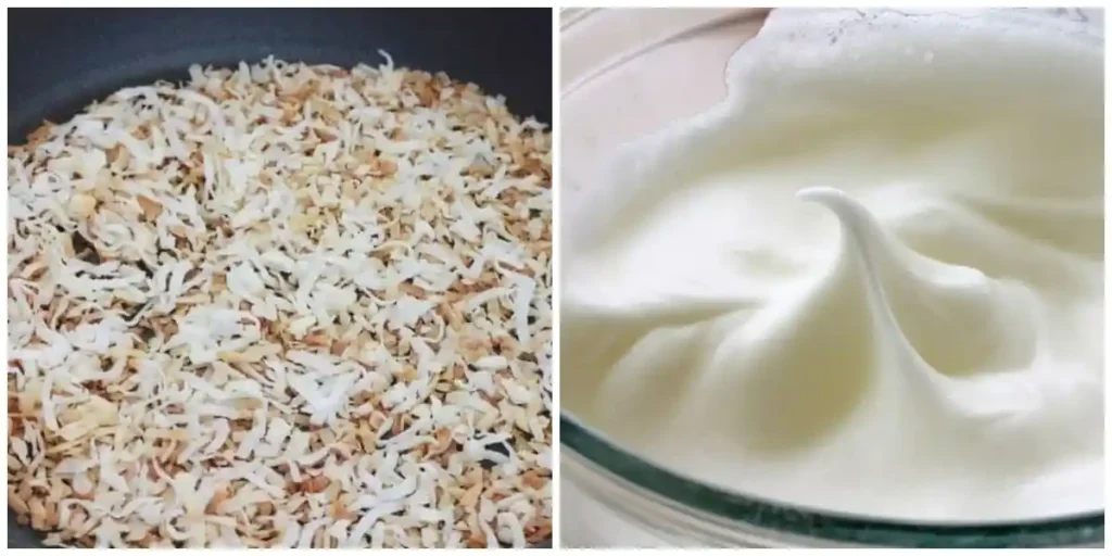 Geröstete kokosflocken und steif geschlagenes eiweiß für kokosmakronen rezept – basis für saftige kokosmakronen nach omas rezept