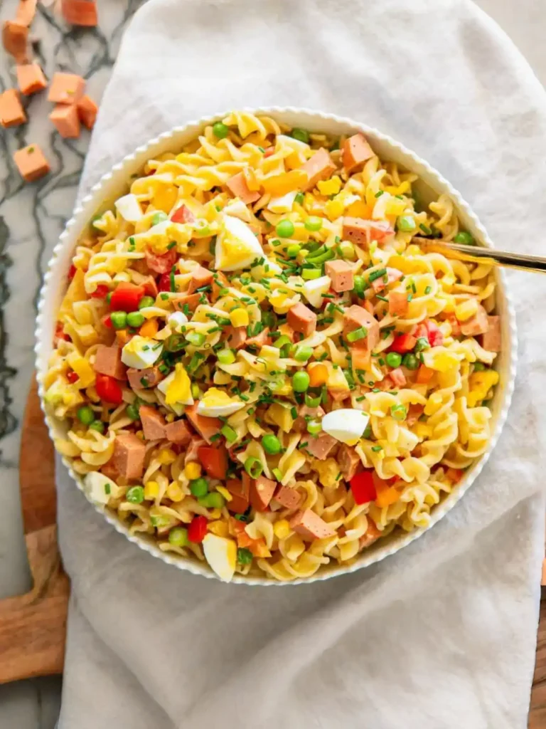 Nudelsalat klassisch mit Dressing, Fleischwurst, Eiern, Erbsen und Paprika – cremiger Nudelsalat wie bei Oma
