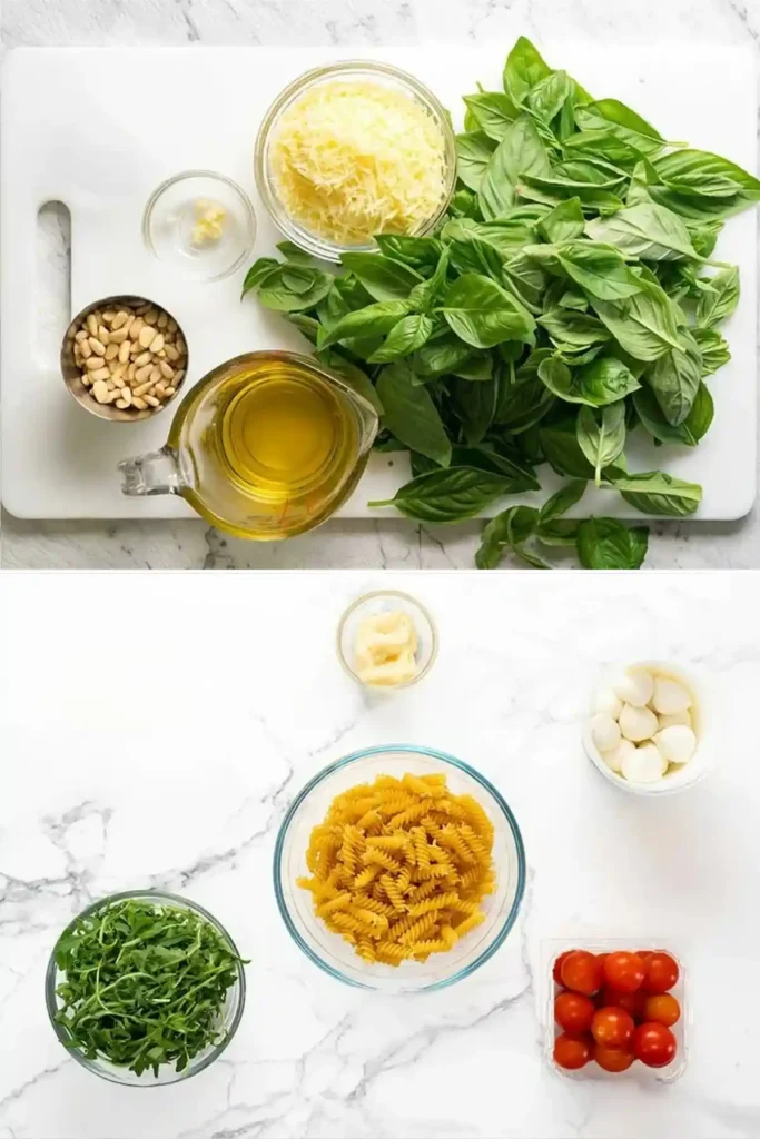 Zutaten für nudelsalat mit pesto und pinienkernen – Basilikum, Olivenöl und Pinienkerne für grüner pesto pasta salat