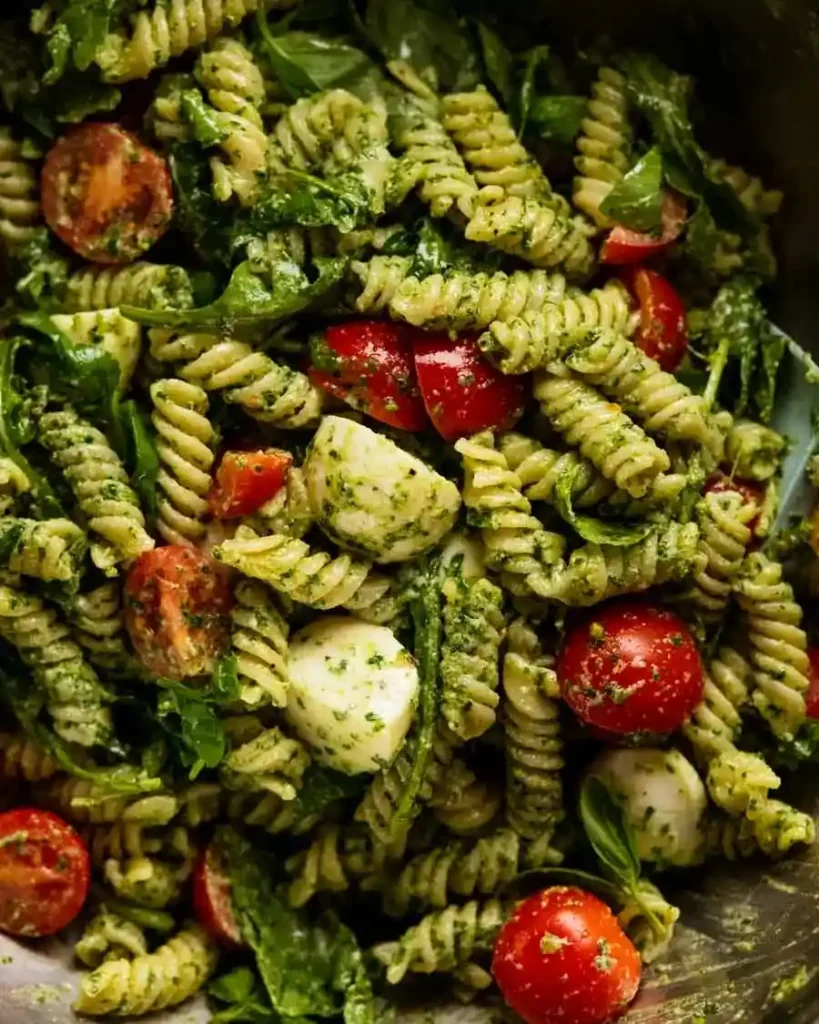 Nudelsalat mit Pesto und Pinienkernen – grüner pesto pasta salat mit Fusilli, Rucola, Tomaten und Mozzarella