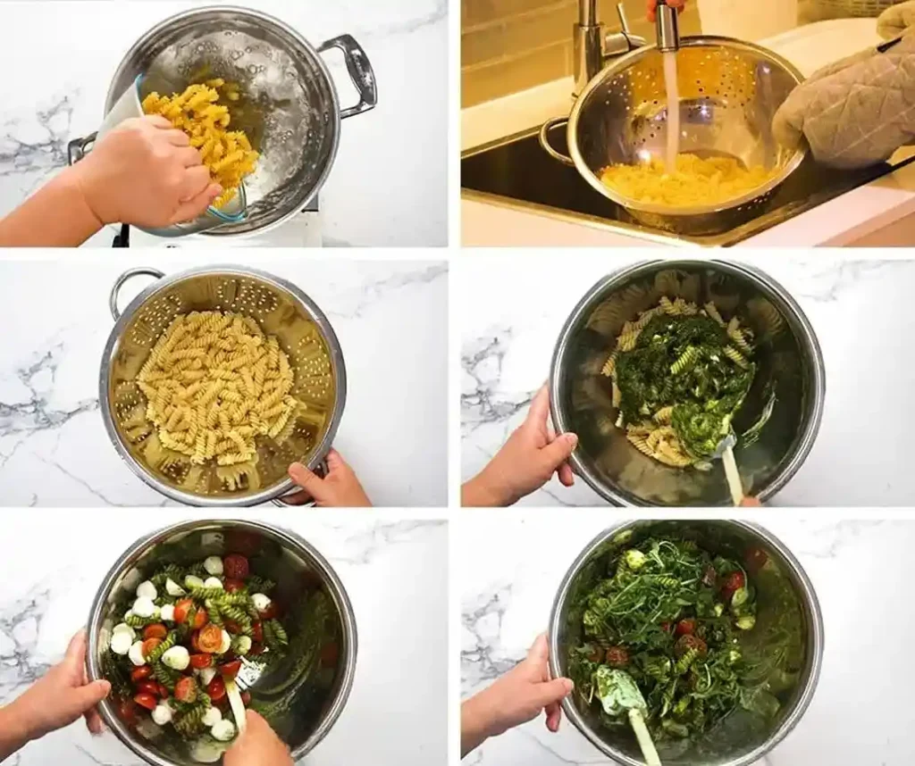 Zubereitung von nudelsalat mit pesto – Schritt für Schritt pesto pasta salat mit Fusilli, Basilikum und Gemüse