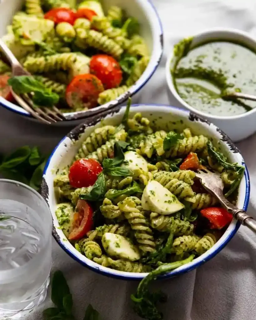 Nudelsalat mit pesto und pinienkernen in Schüsseln mit Fusilli, Tomaten und Mozzarella – grüner pesto pasta salat