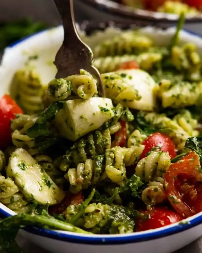 Nudelsalat mit grünem Pesto – pesto pasta salat mit Fusilli, Rucola, Tomaten und Mozzarella cremig angerichtet