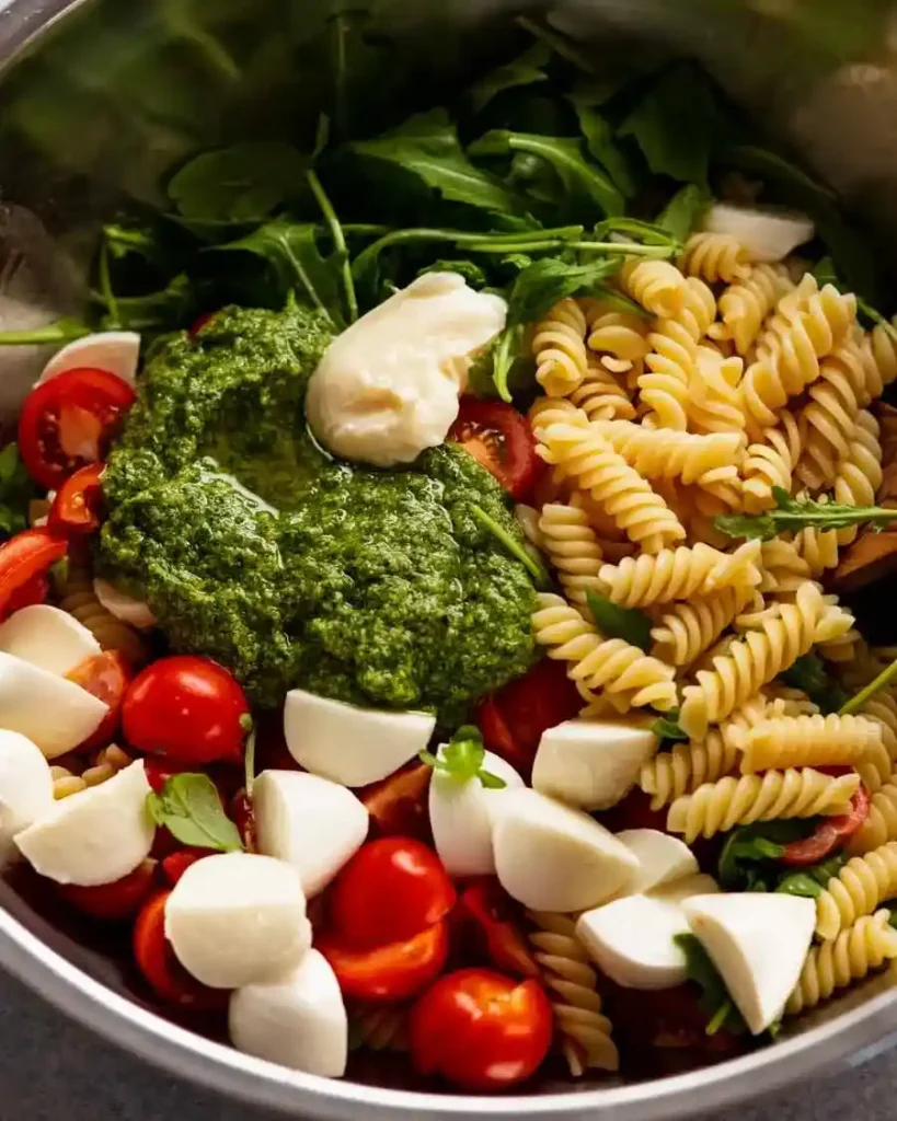 Nudelsalat mit Pesto und Pinienkernen mit Fusilli, Tomaten, Rucola und Mozzarella – grüner pesto pasta salat