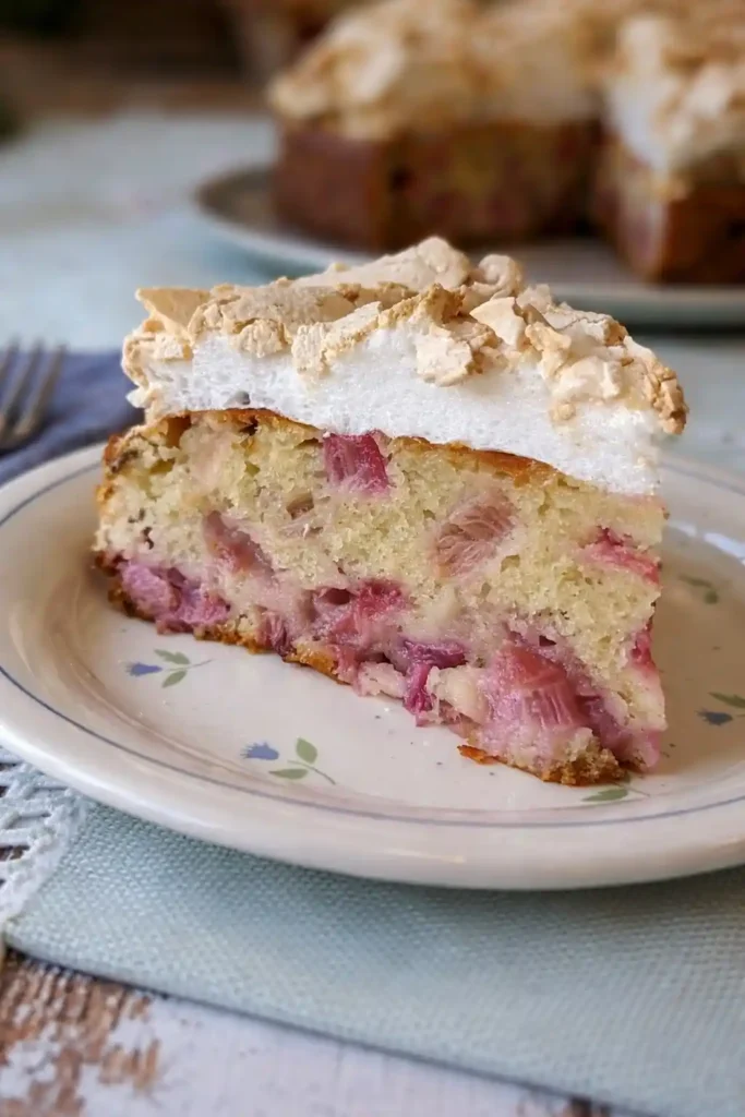 Rhabarberkuchen mit Baiser und Rührteig angeschnitten – saftiger Omas Rhabarberkuchen mit Eiweißhaube