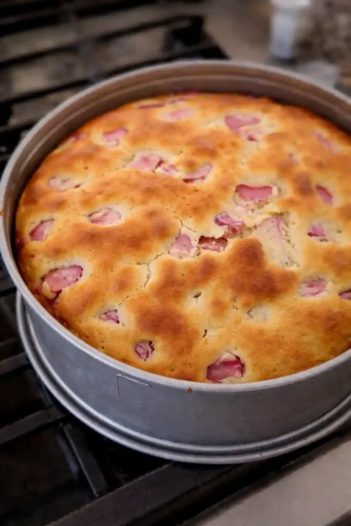 Rhabarberkuchen mit Rührteig im Ofen – gebackener Kuchenboden für Rhabarberkuchen mit Baiser nach Omas Rezept