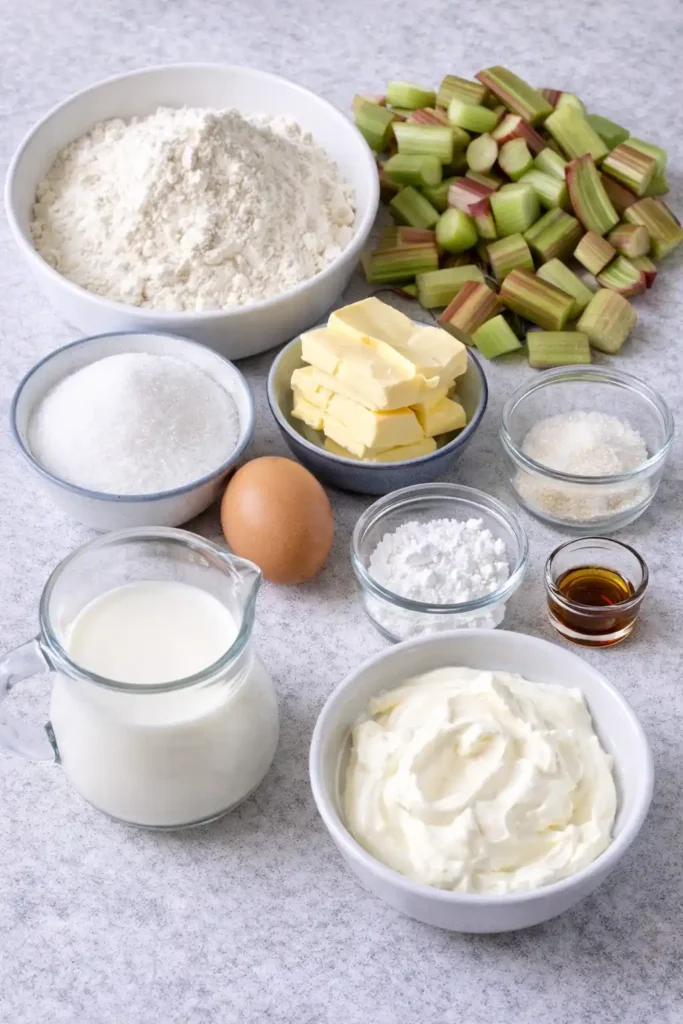 Zutaten für Rhabarberkuchen mit Pudding und Streusel – Mehl, Butter, Zucker, Rhabarber und Vanillepudding für Omas Rezept