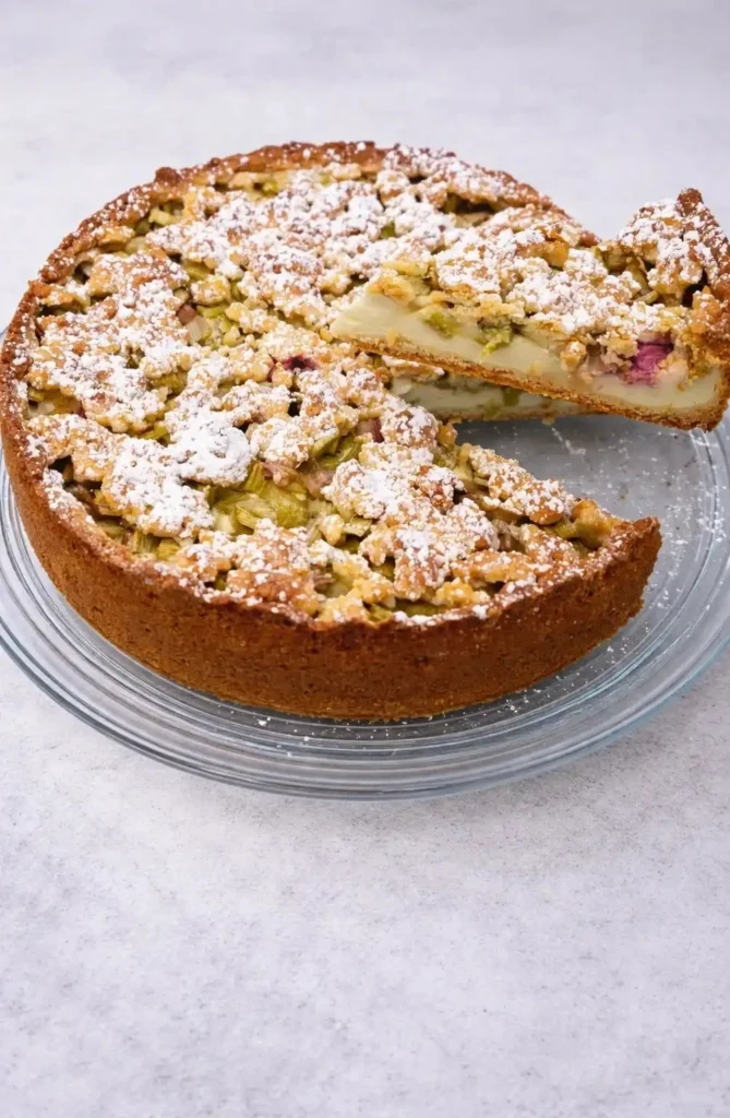 Rhabarberkuchen mit Pudding und Streusel in Springform angeschnitten – saftiger Rhabarberkuchen nach Omas Rezept