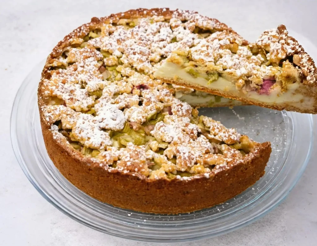 Rhabarberkuchen mit Pudding und Streusel in Springform angeschnitten – saftiger Rhabarberkuchen nach Omas Rezept