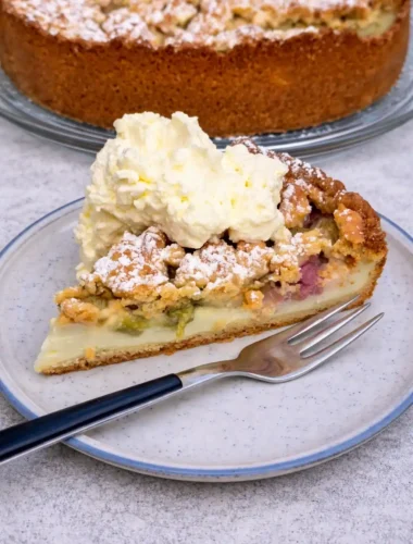 Rhabarberkuchen mit Pudding und Streusel in Springform mit Sahne serviert – saftiger Rhabarberkuchen nach Omas Rezept