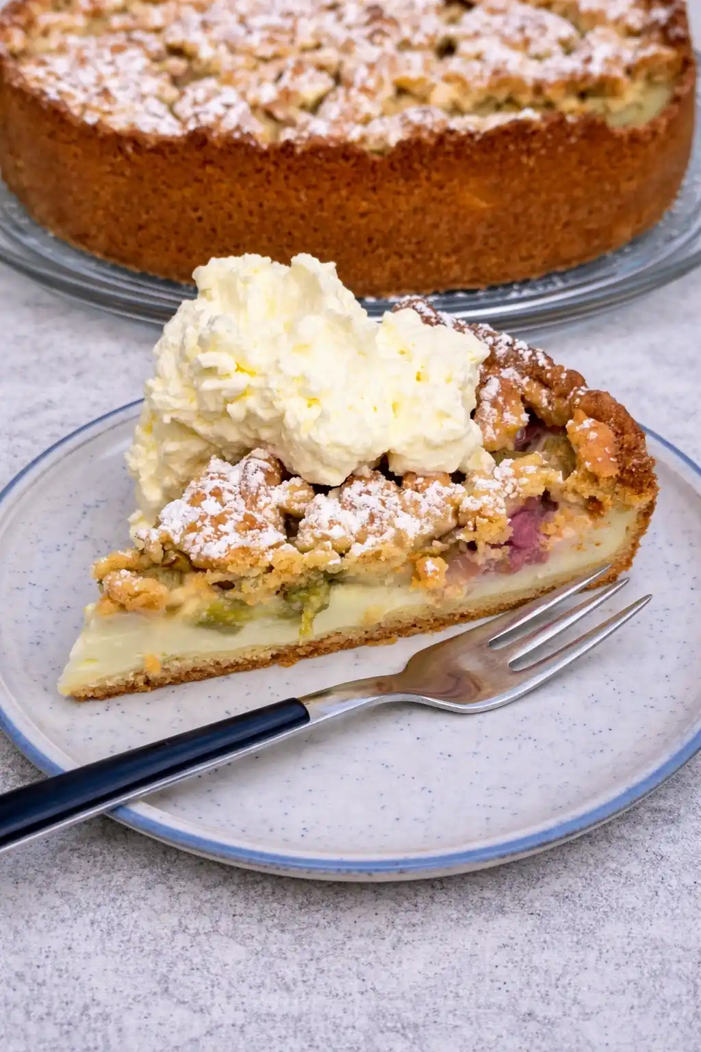 Omas Rhabarberkuchen mit Pudding und Streusel in Springform