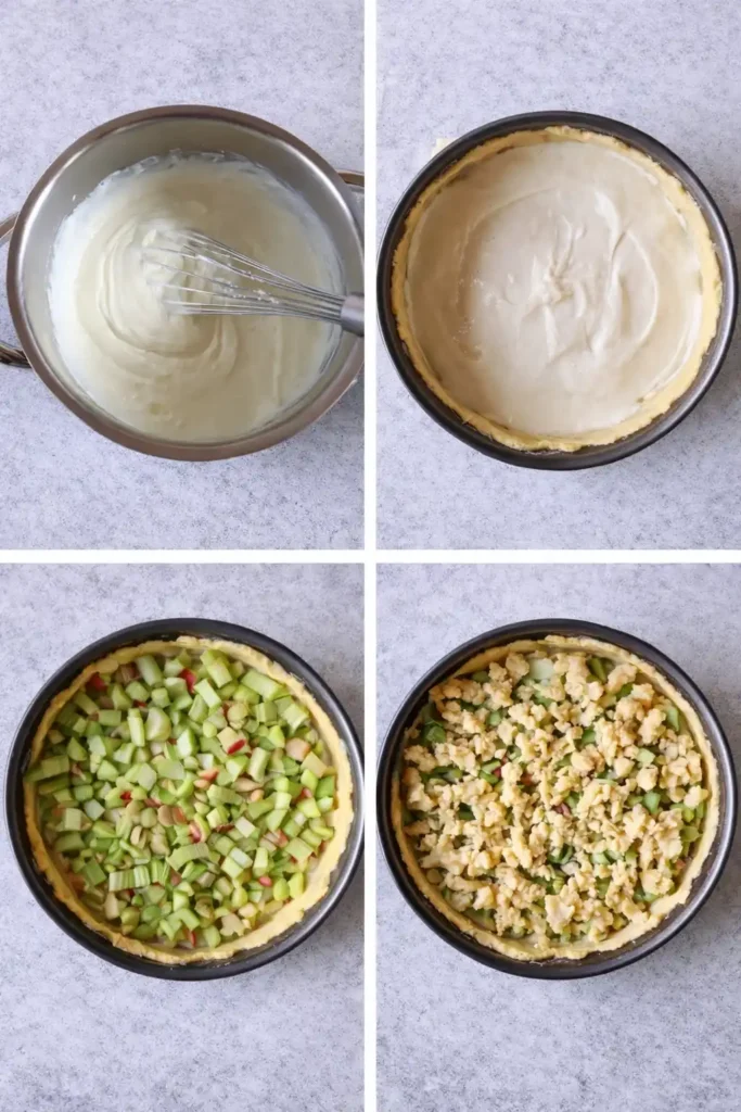 Rhabarberkuchen mit Pudding und Streusel Schritt für Schritt – Pudding einfüllen, Rhabarber verteilen und Streusel hinzufügen