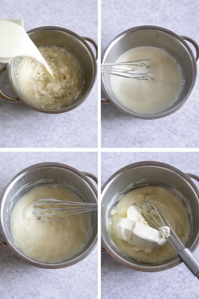 Vanillepudding für Rhabarberkuchen mit Pudding und Streusel zubereiten – Milch, Stärke und Schmand verrühren