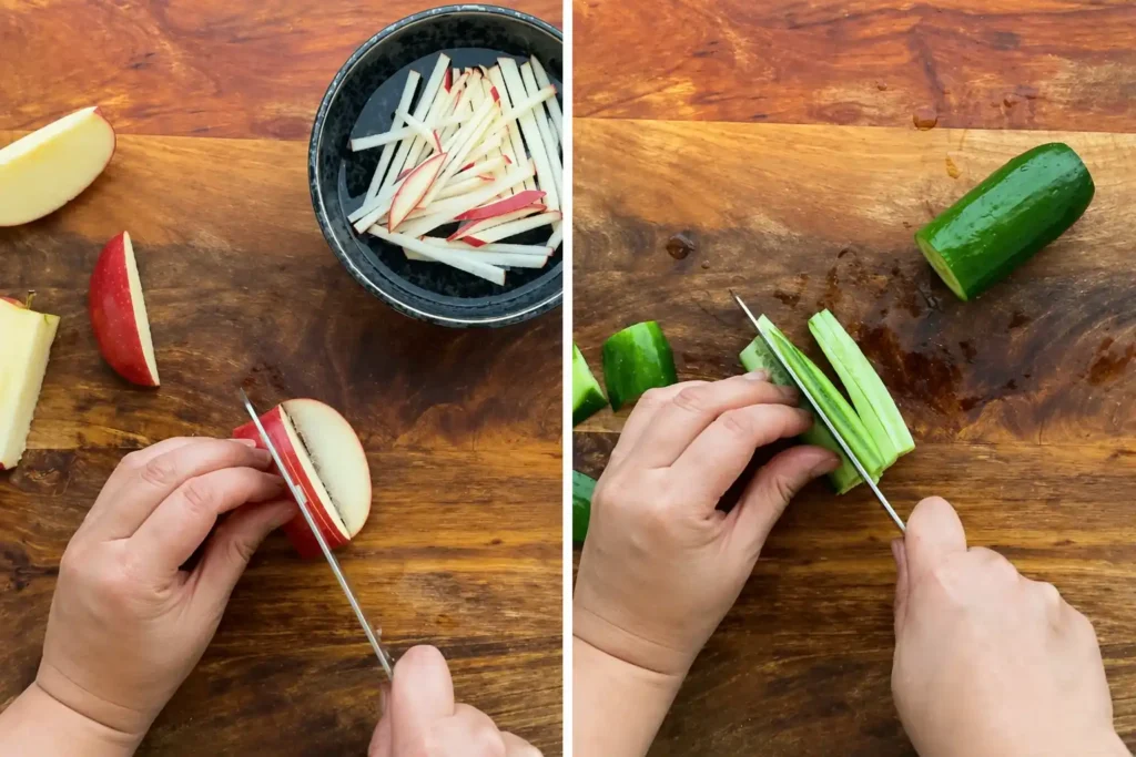 Apfel und Gurke schneiden für Pak Choi Salat – Zutaten vorbereiten für asiatischen Pak Choi Salat