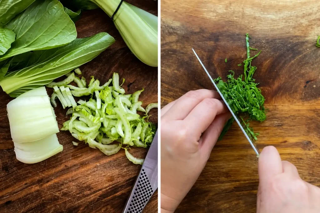 Pak Choi schneiden für Pak Choi Salat – Pak Choi roh in feine Streifen schneiden für asiatischen Krautsalat