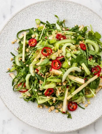 Pak Choi Salat asiatisch mit Gurke, Apfel, Chili und Erdnüssen – frisches Pak Choi Salat Rezept mit Limetten-Dressing
