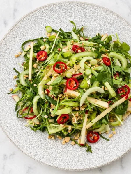 Pak Choi Salat asiatisch mit Gurke, Apfel, Chili und Erdnüssen – frisches Pak Choi Salat Rezept mit Limetten-Dressing
