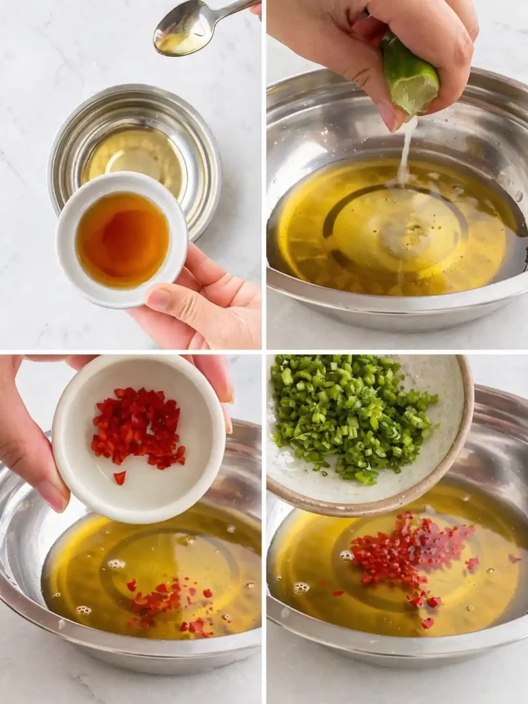 Koriander-Limetten-Dressing zubereiten mit Limettensaft, Fischsauce und Chili für Pak Choi Salat asiatisch