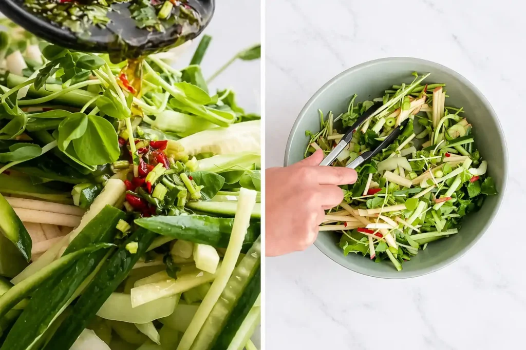 Pak Choi Salat mischen und Dressing hinzufügen – asiatischer Pak Choi Salat Zubereitung