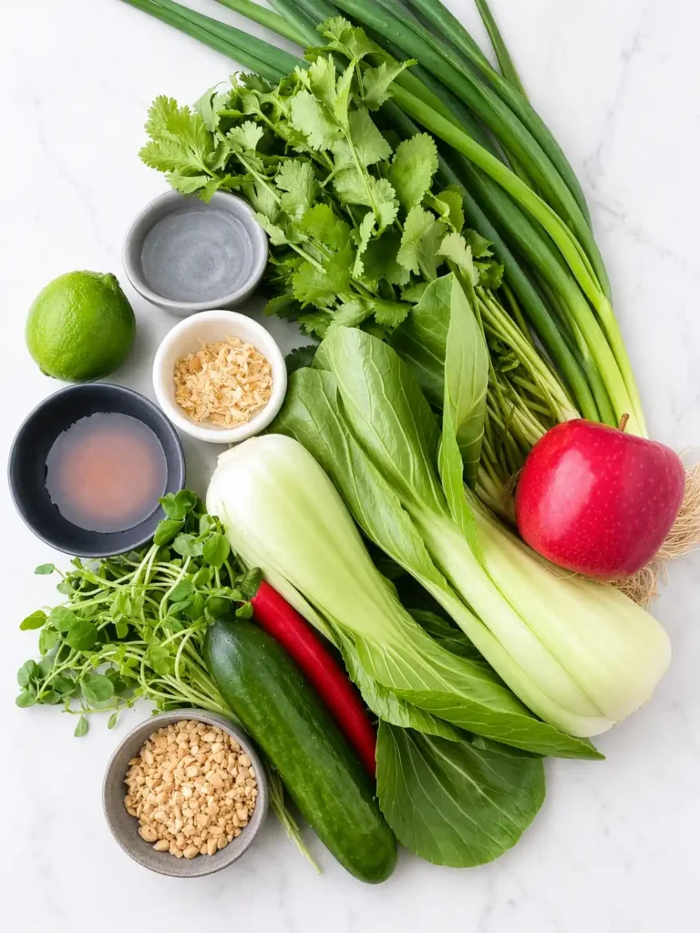 Zutaten für Pak Choi Salat asiatisch mit Apfel, Gurke, Koriander und Chili – frisches Pak Choi Salat Rezept