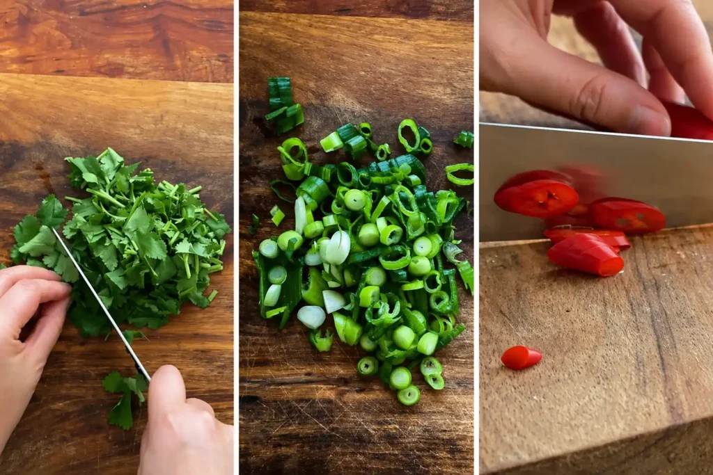 Koriander, Frühlingszwiebeln und Chili schneiden für Pak Choi Salat asiatisch