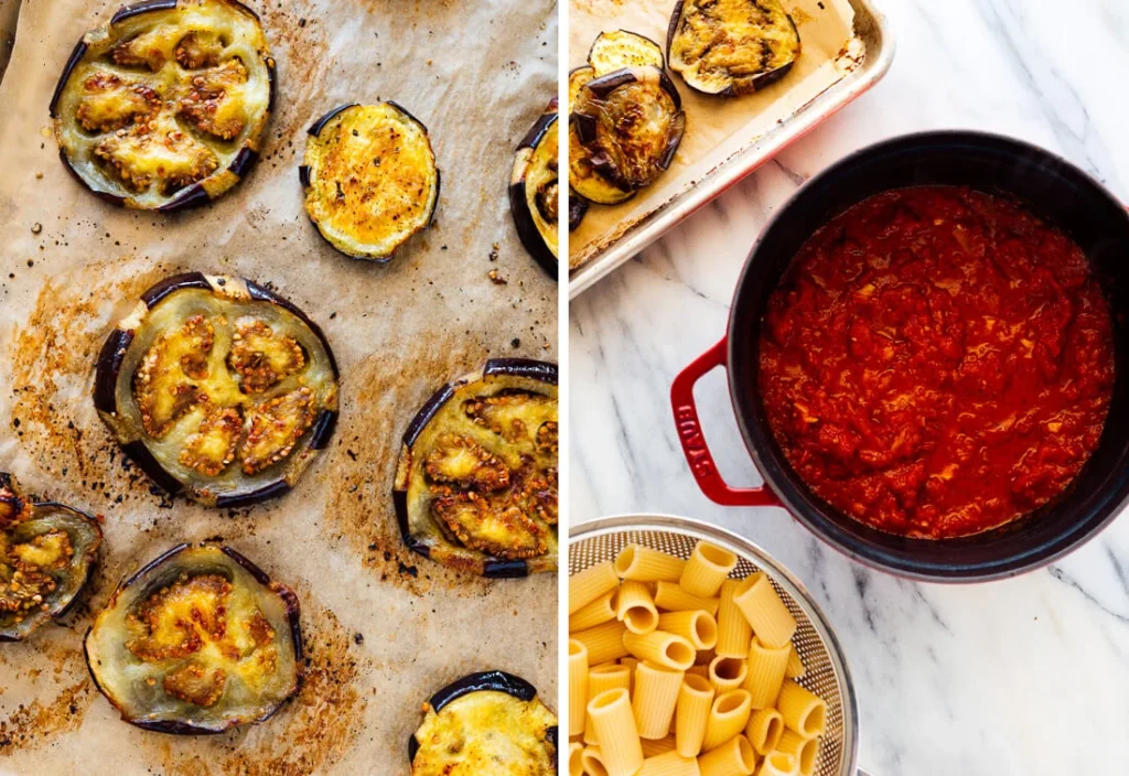 Geröstete Auberginen, Tomatensauce und Rigatoni für Pasta alla Norma Originalrezept und sizilianische Pasta mit Auberginen