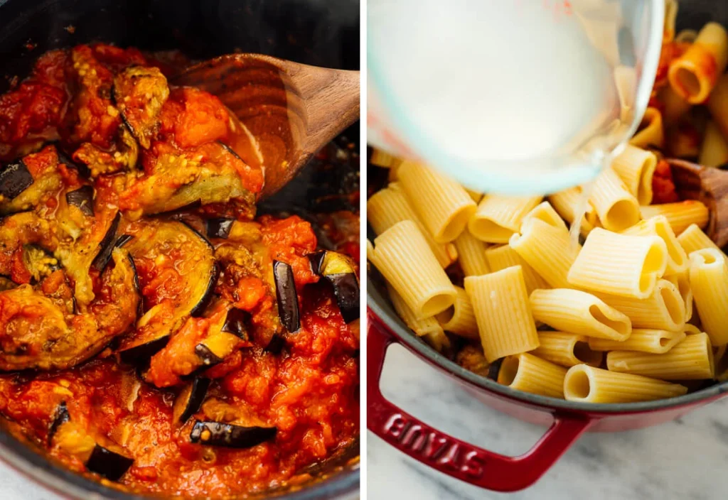 Geröstete Auberginen in Tomatensauce und Rigatoni mit Nudelwasser für Pasta alla Norma Originalrezept