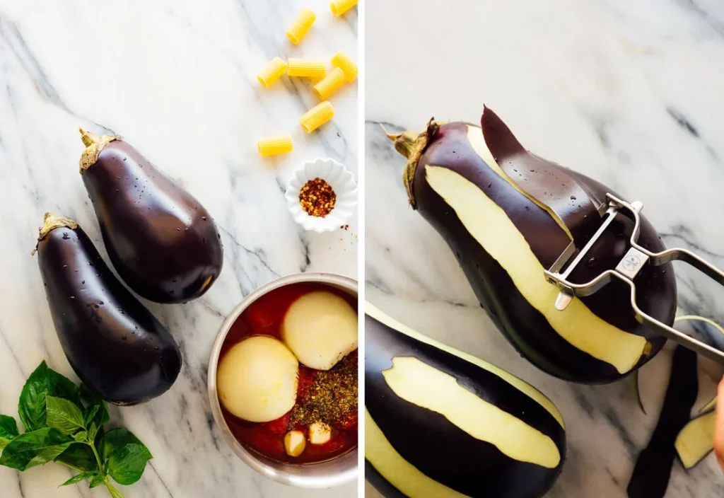 Zutaten und Auberginen vorbereiten für Pasta alla Norma Originalrezept und sizilianische Pasta mit Auberginen