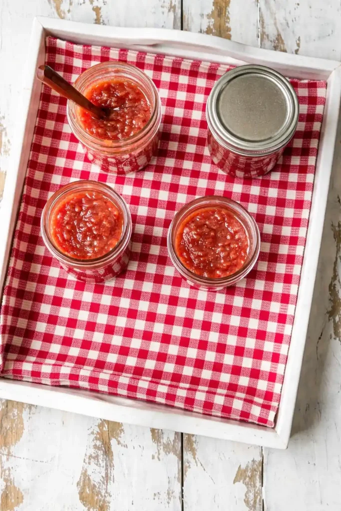 Rhabarber Marmelade nach Omas Rezept in Gläsern serviert auf Tablett