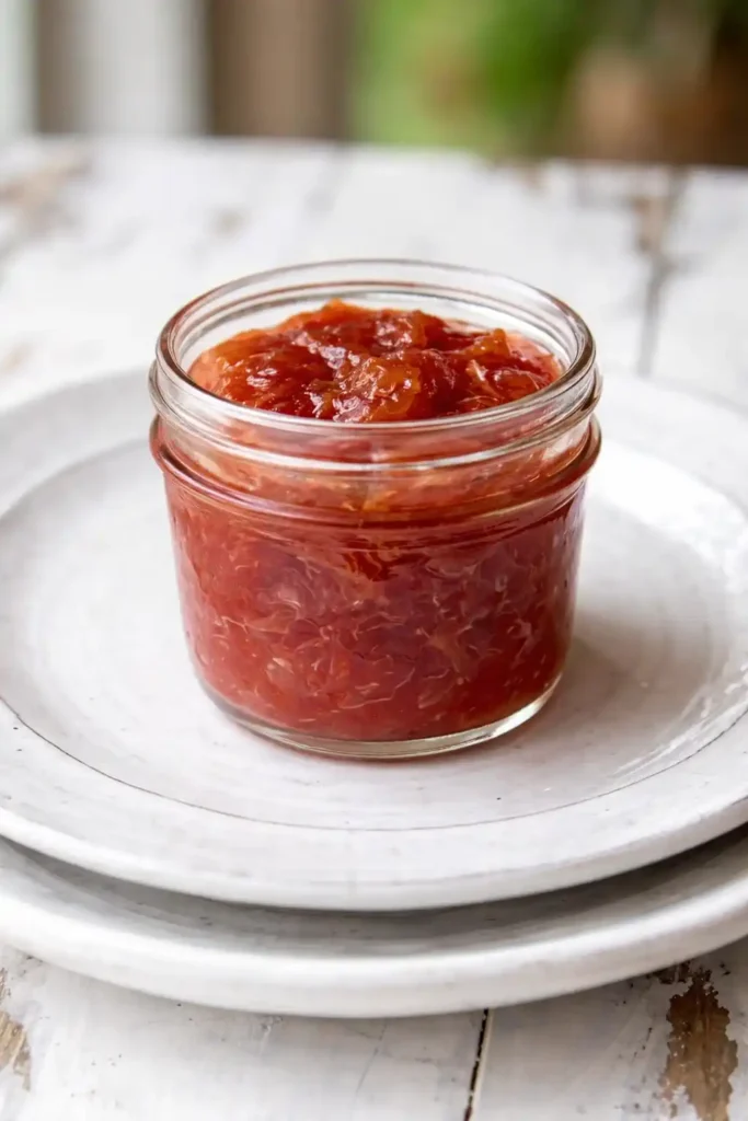 Rhabarber Marmelade nach Omas Rezept im Glas auf Teller serviert