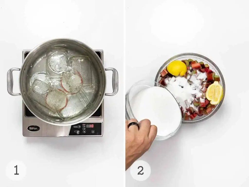 Rhabarber Marmelade zubereiten Schritt für Schritt mit Rhabarber, Zucker und Zitrone im Topf