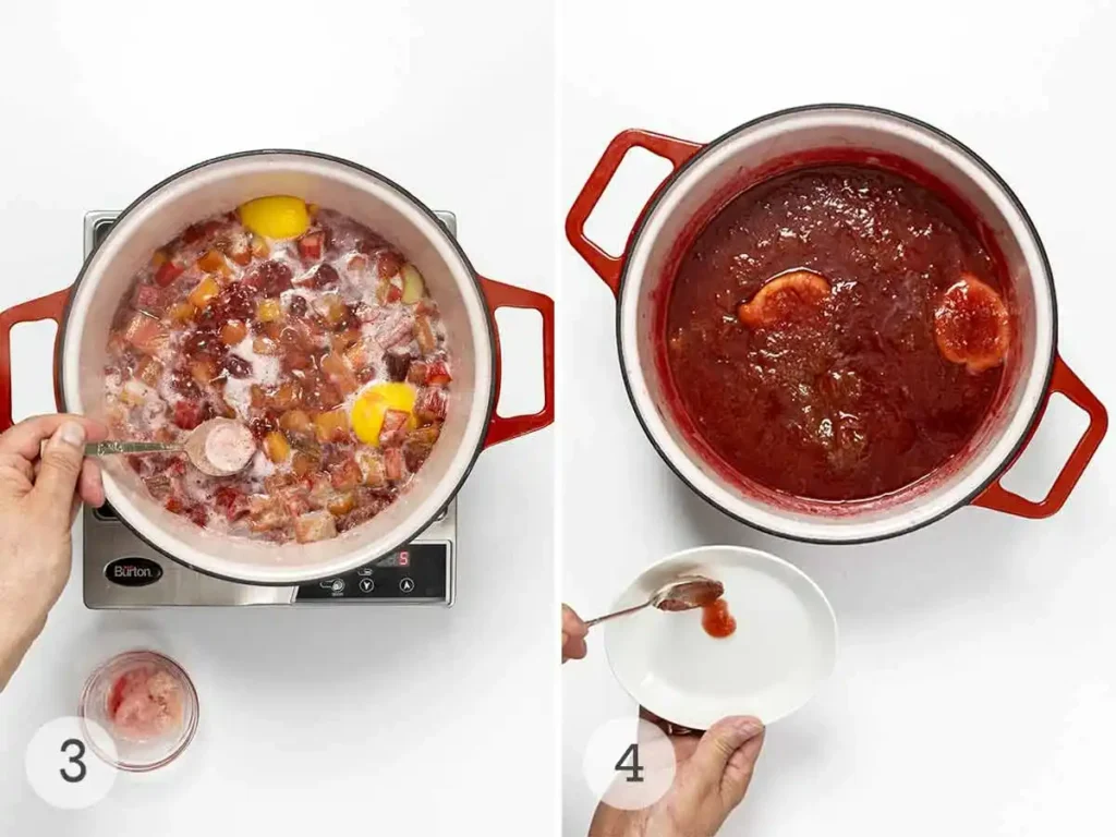 Rhabarber Marmelade kochen und Gelierprobe machen im Topf nach Omas Rezept