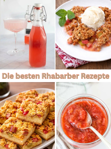 Collage mit den besten Rhabarber-Rezepten wie Rhabarbersirup, Rhabarber Crumble, Rhabarberkuchen und Kompott