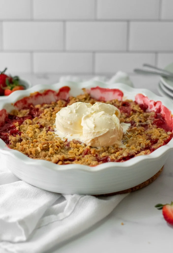 Rhabarber Rezepte Die besten Ideen und Rezepte mit Rhabarber: Erdbeer-Rhabarber-Crumble mit knusprigen Streuseln und Vanilleeis als einfaches Rezept mit Rhabarber