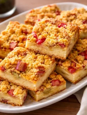Rhabarberkuchen mit Hefeteig und Streusel in Stücke geschnitten – einfacher Hefekuchen mit Rhabarber vom Blech
