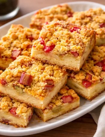 Rhabarberkuchen mit Hefeteig und Streusel in Stücke geschnitten – einfacher Hefekuchen mit Rhabarber vom Blech