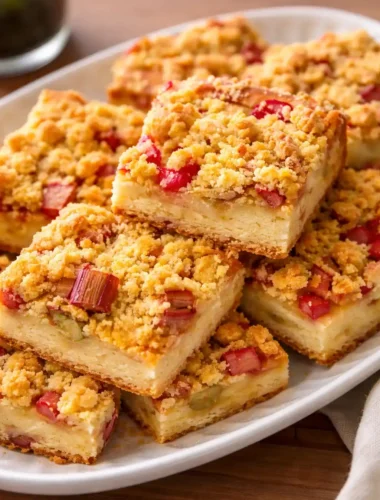 Rhabarberkuchen mit Hefeteig und Streusel in Stücke geschnitten – einfacher Hefekuchen mit Rhabarber vom Blech