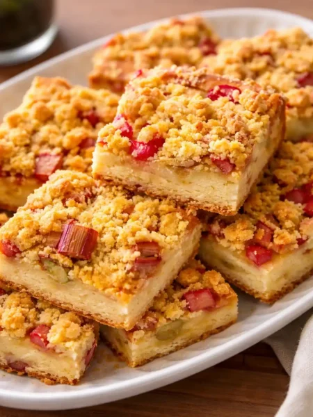 Rhabarberkuchen mit Hefeteig und Streusel in Stücke geschnitten – einfacher Hefekuchen mit Rhabarber vom Blech