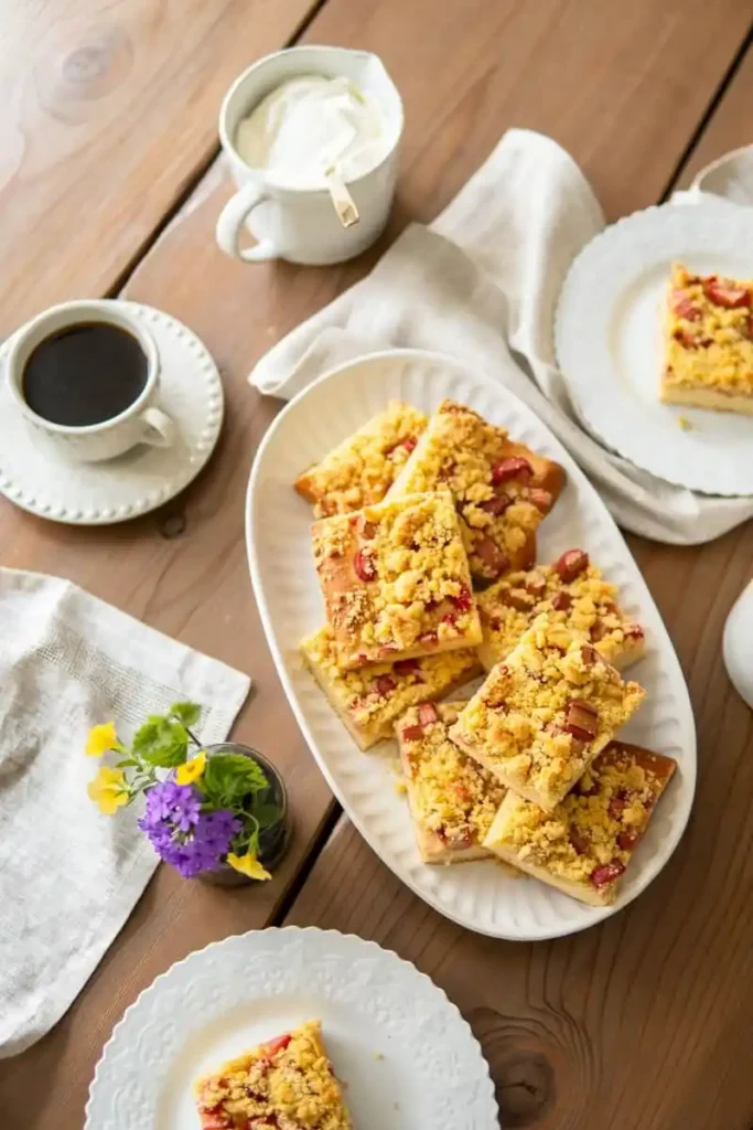 Rhabarberkuchen mit Hefeteig und Streusel als Blechkuchen serviert mit Kaffee und Sahne – klassischer Hefekuchen mit Rhabarber