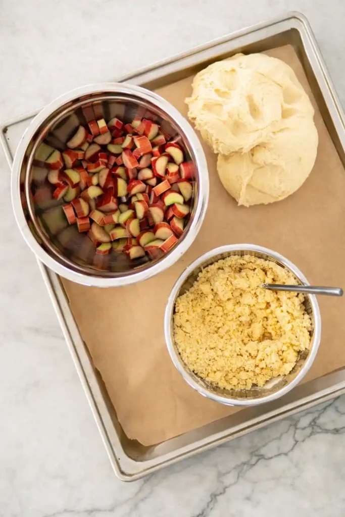 Vorbereitung für Rhabarberkuchen mit Hefeteig und Streusel – Hefeteig, frischer Rhabarber und Streusel bereit